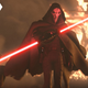 being with a double lightsaber surrounded by flames